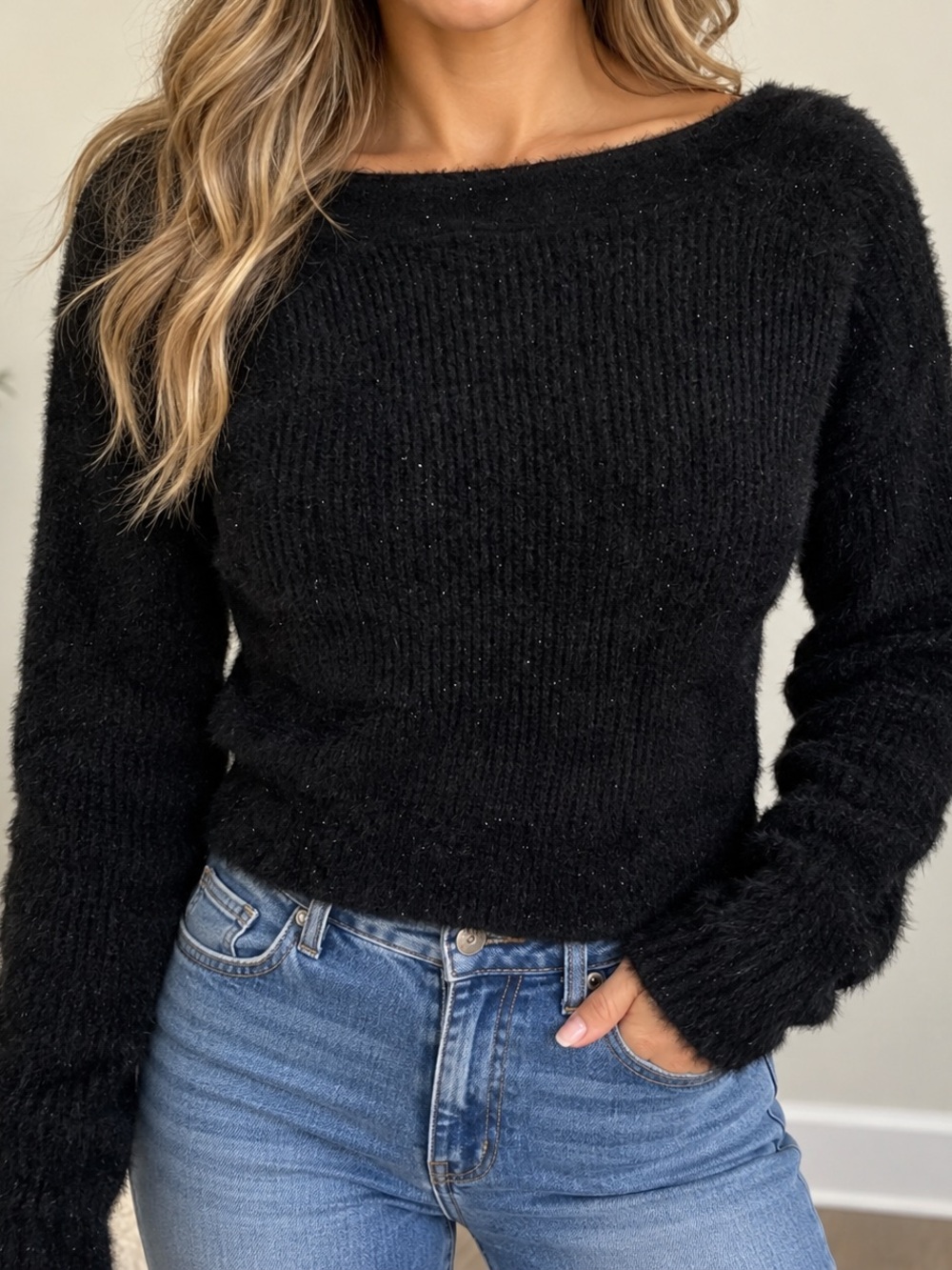 Cozy Black Fuzzy Knit Sweater - Women's